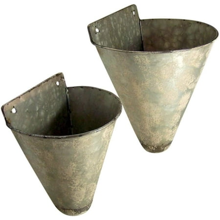 11 3/4 Inch Primitive Distressed Galvanized Cone Shaped Bucket Wall Planters 11 3/4 Inch Primitive Distressed Galvanized Cone Shaped Bucket Wall Planters